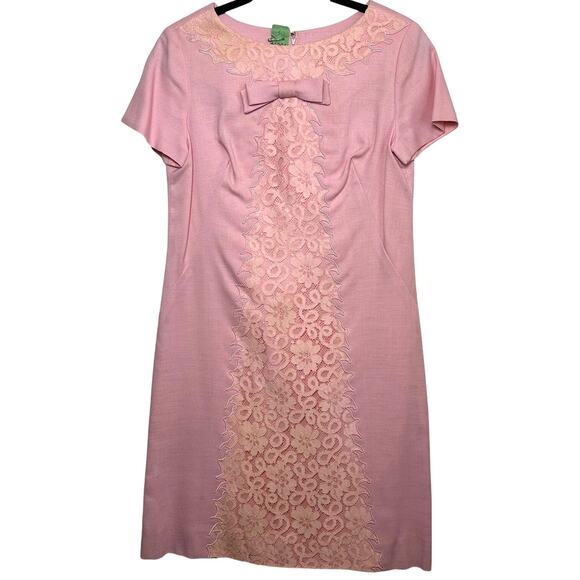 Vintage 60s Henry Lee Pink Lace Shift Dress M/L Bow Detail Designer Mod Costume - Picture 2 of 11